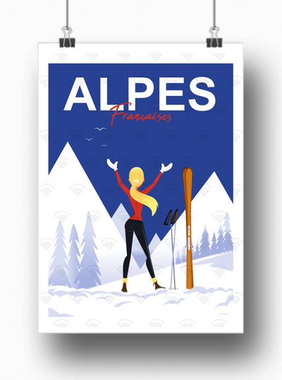 Affiche Alpes Françaises skieuse de Raphael Delerue