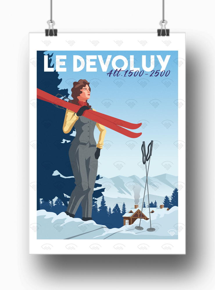 Affiche Le Devoluy - Skieuse rétro