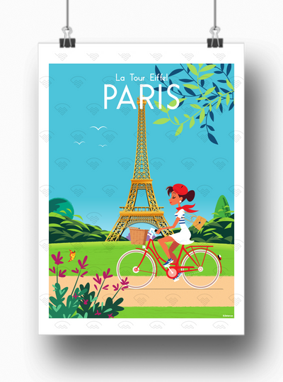 Affiche Paris - Tour Eiffel à bicyclette par Raphael Delerue