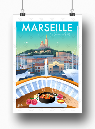 Affiche Marseille - Le vieux-port par Damien Clavé / Edition Limitée