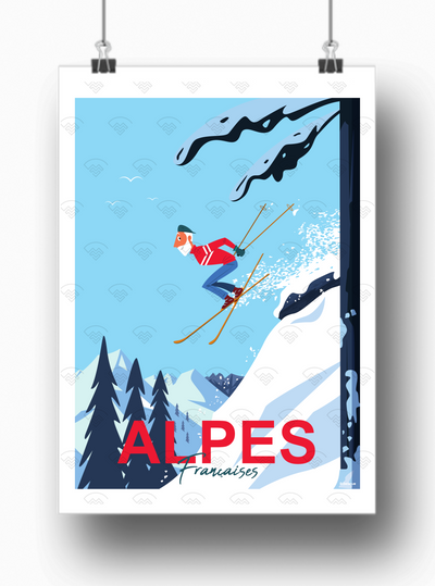 Affiche Alpes Françaises skieur de Raphael Delerue