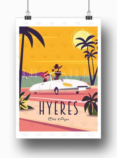 Affiche Hyères - Côte d'Azur voiture DS par Gary Godel