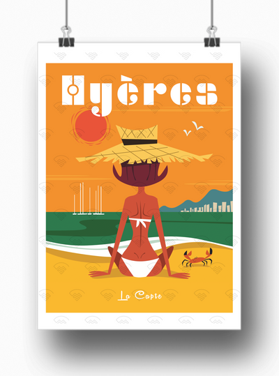 Affiche Hyères - La Capte femme au chapeau orange par Gary Godel
