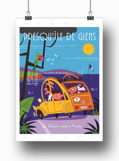 Affiche Hyères - Presqu'île de Giens voiture jaune par Gary Godel