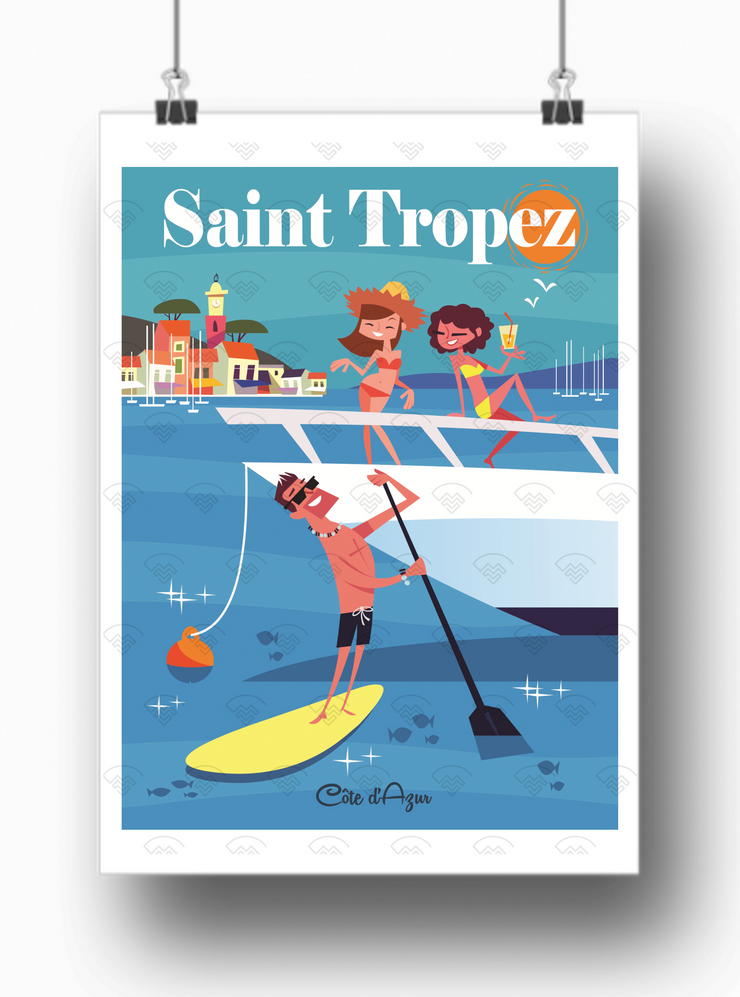 Affiche Saint-Tropez 2 femmes / 1 homme bateau de Gary Godel
