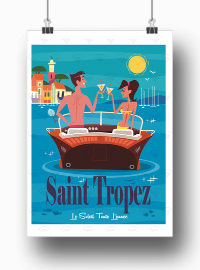 Affiche Saint-Tropez - couple sur un bateau de Gary Godel