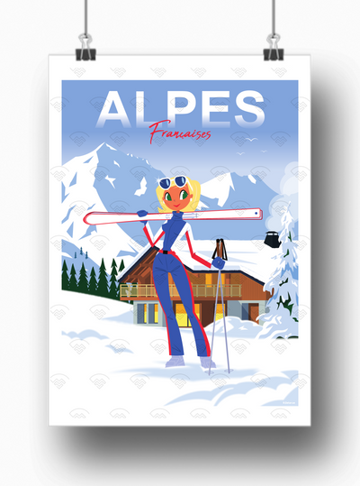 Affiche Alpes Françaises skieuse blonde de Raphael Delerue